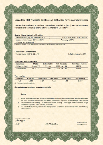 NIST-traceable calibration certificate