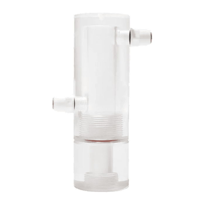 A water quality probe mounted in a flow cell with inlet and outlet fittings